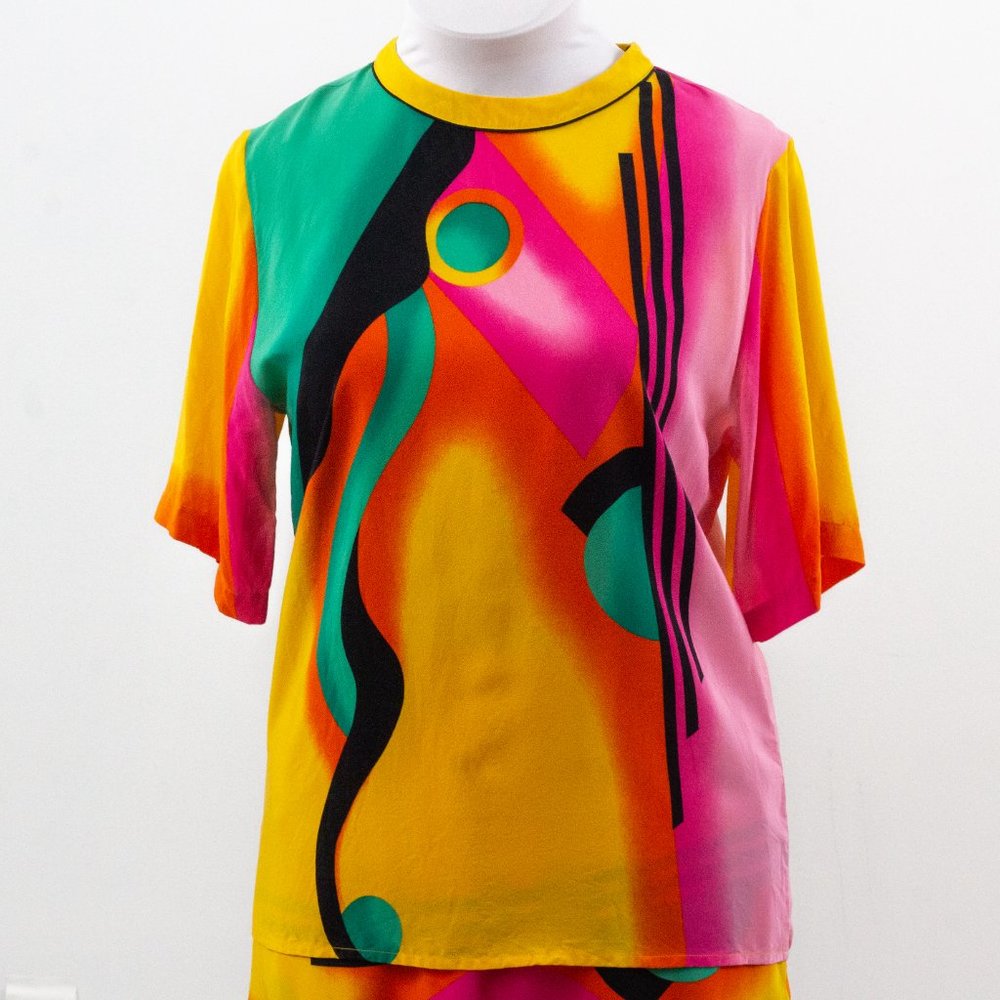 Vintage 80s M/L Silk 2-Piece Skirt Suit Set Neon - Picture 3 of 16